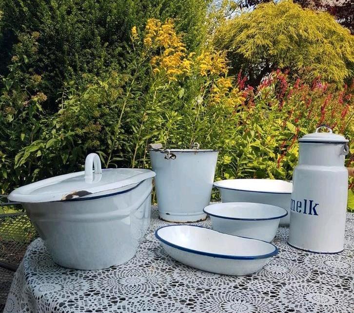 Vintage Emaille Set - Teil, Emmer, Melkkan & Schalen, Antiek en Kunst, Antiek | Emaille, Ophalen