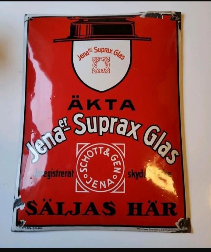 oude originele emaille reclame bord, jena suprax glas, Verzamelen, Biermerken, Ophalen of Verzenden, Gebruikt, Reclamebord, Plaat of Schild