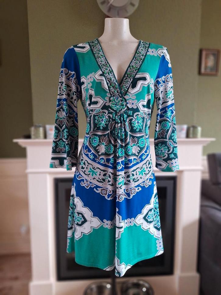 Hale Bob schitterende groen blauw grijs jurk M 38, Kleding | Dames, Jurken, Zo goed als nieuw, Maat 38/40 (M), Blauw, Knielengte
