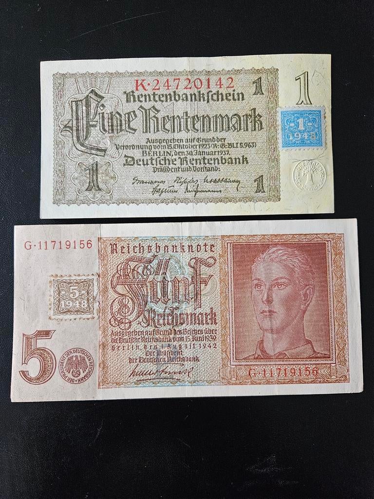 1 rentenmark en 5 Reichsmark set WWII, Ophalen of Verzenden, Buitenland, Bankbiljetten