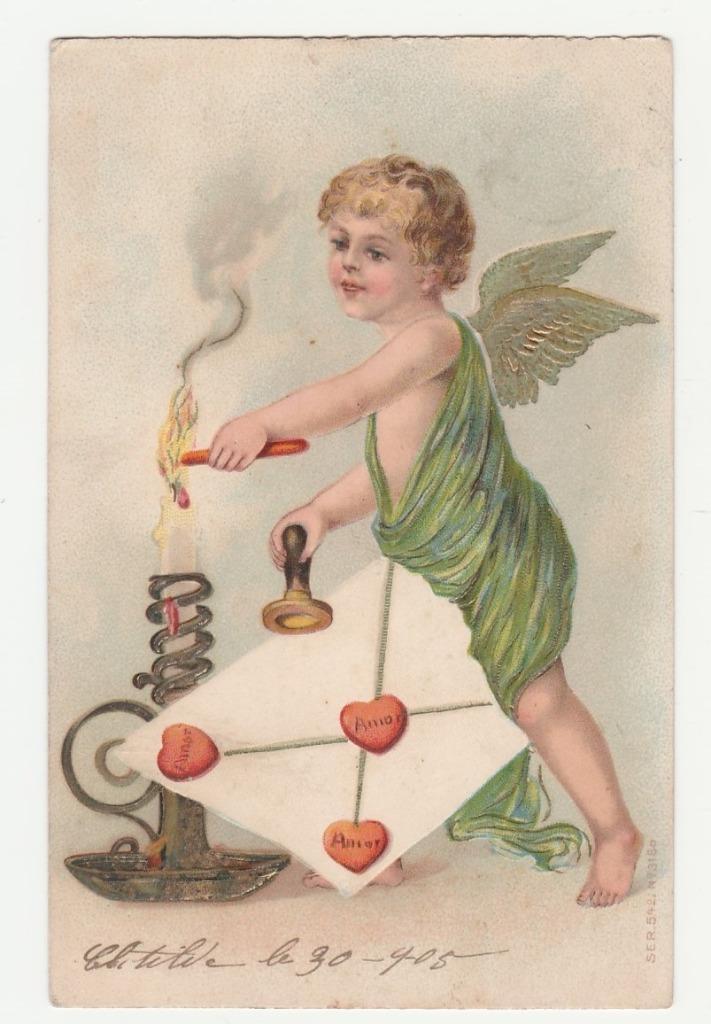 Lakstempels.  Engeltjes.  Reliëfkaart.   1905., Verzamelen, Ansichtkaarten | Themakaarten, Gelopen, Voor 1920, Overige thema's