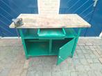 Metalen werkbank+houten blad, bankschroef en figuurzaagsteun, Ophalen, Gebruikt, 70 tot 120 cm, Bankschroef