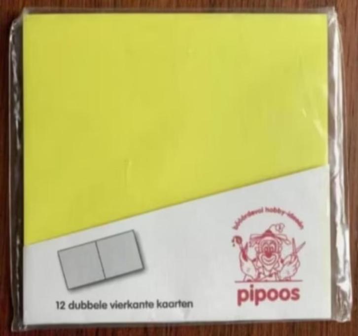 8 dubbele vierkante, gele kaarten; Pipoos, Hobby en Vrije tijd, Kaarten | Zelf maken, Nieuw, Blanco kaart of Basiskaart, Ophalen of Verzenden