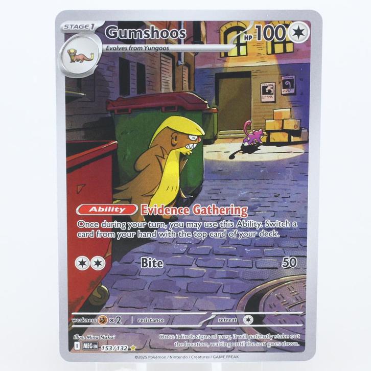 Pokemon Gumshoos 153/132 ME01: Mega Evolution (MEG), Hobby en Vrije tijd, Gezelschapsspellen | Kaartspellen, Zo goed als nieuw