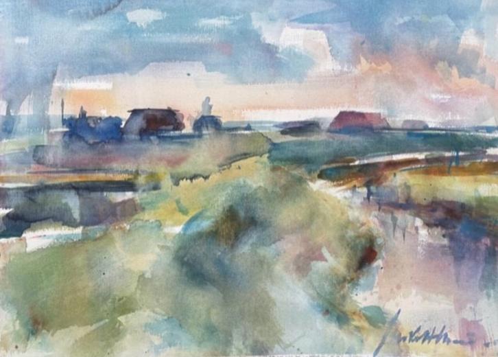 Jan Velthuis, aquarel Langs ‘t Reitdiep ,50-70 cm met lijst., Antiek en Kunst, Kunst | Schilderijen | Modern, Ophalen of Verzenden