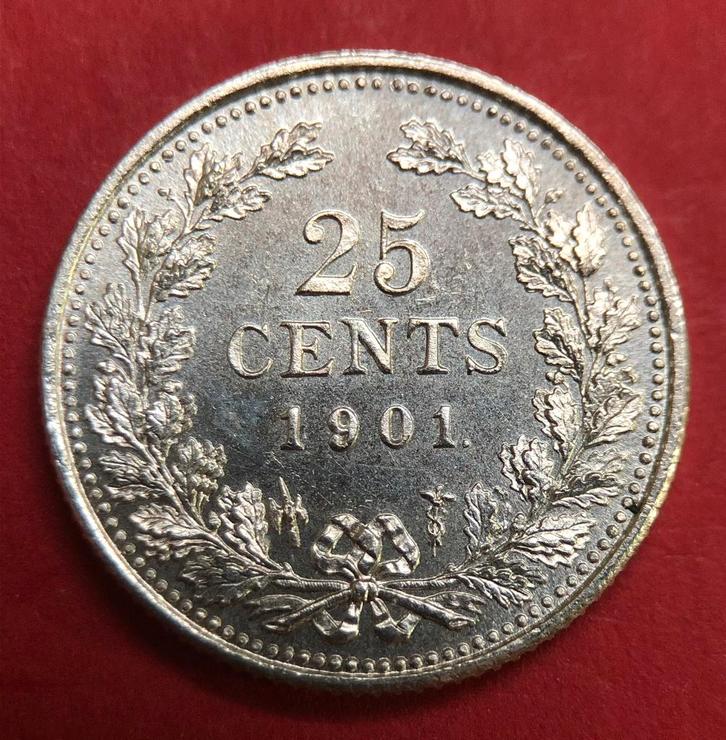 25 cent 1901. Unc., Postzegels en Munten, Munten | Nederland, Losse munt, 25 cent, Koningin Wilhelmina, Zilver, Ophalen of Verzenden