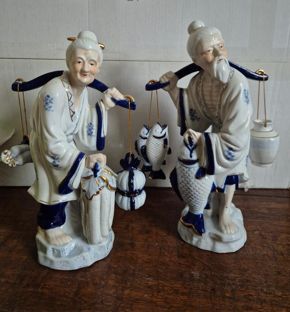 Porselein wit blauw vissers echtpaar 36 cm hoog, Ophalen of Verzenden