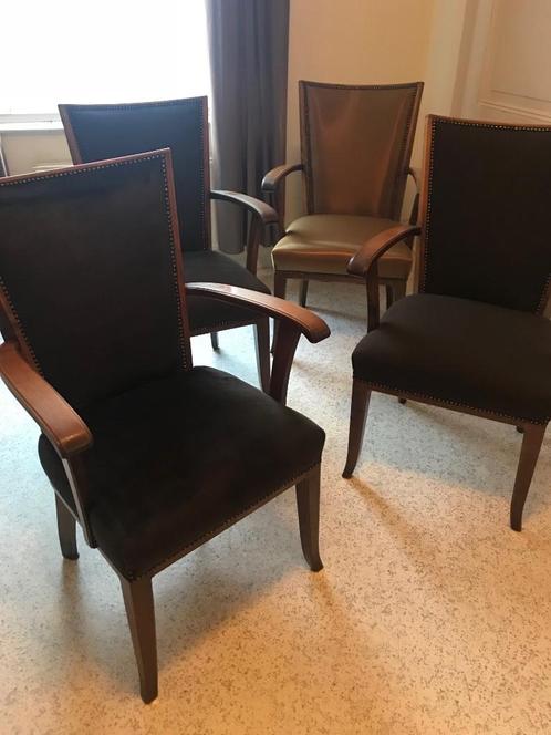 4 antieke stoelen - nieuwe bekleding en opgeknapt, Huis en Inrichting, Stoelen, Gebruikt, Vier, Hout, Stof, Bruin, Ophalen