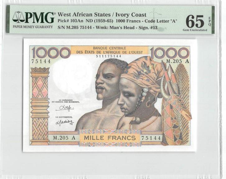 W.A.S Ivory Coast 1000 Francs 1980 Unc PMG 65 EPQ, Postzegels en Munten, Bankbiljetten | Afrika, Los biljet, Overige landen, Ophalen of Verzenden