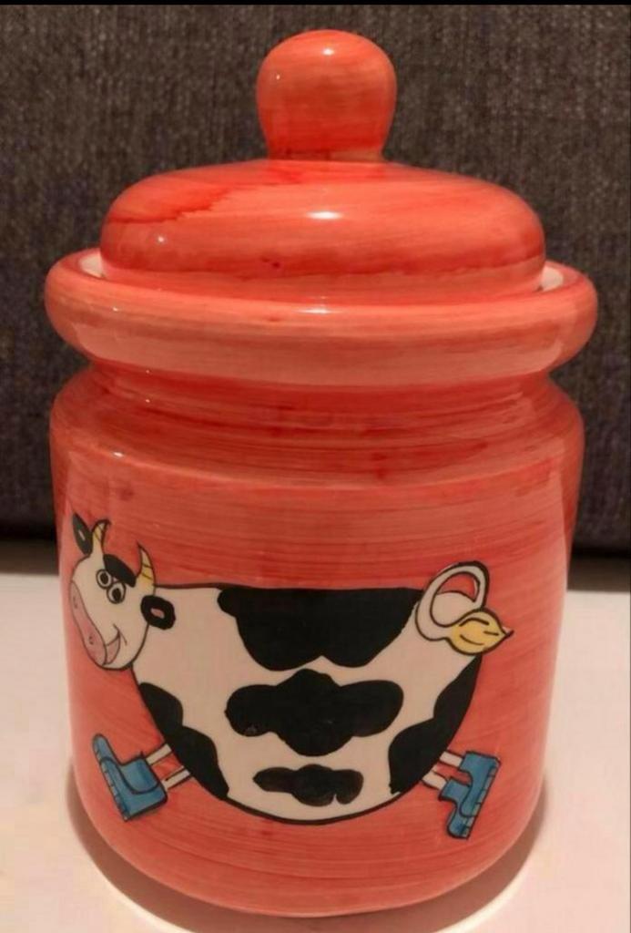 Grote roze voorraadpot met afbeelding vrolijke koe, Huis en Inrichting, Keuken | Potten en Pannen, Zo goed als nieuw, Pot, Bus of Blik