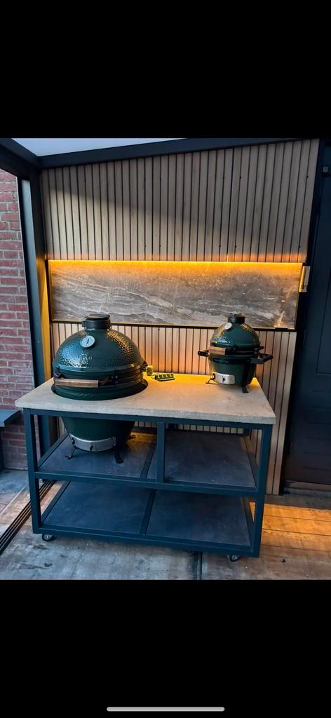 Buitenkeuken (excl. Big Green Egg) - Grijs gepoedercoat staa, Tuin en Terras, Buitenkeukens, Zo goed als nieuw, Houtskool, Inbouw
