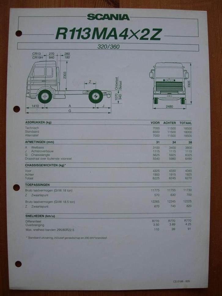 Scania 113 4x2 1988 Technische Specificatie Folder, Boeken, Auto's | Folders en Tijdschriften, Zo goed als nieuw, Overige merken