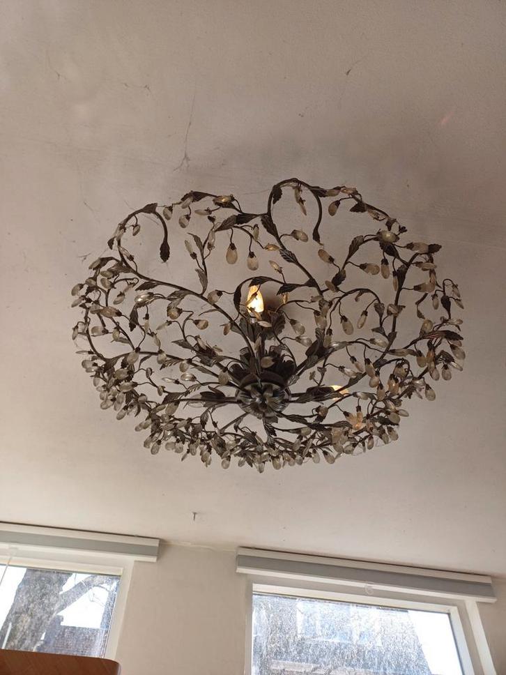 Plafonnière met kristallen en blaadjes, Huis en Inrichting, Lampen | Plafondlampen, Zo goed als nieuw, Glas, Metaal, Ophalen