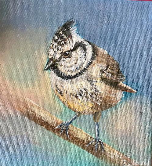Schilderij kuifmeesje, Antiek en Kunst, Kunst | Schilderijen | Modern, Ophalen of Verzenden
