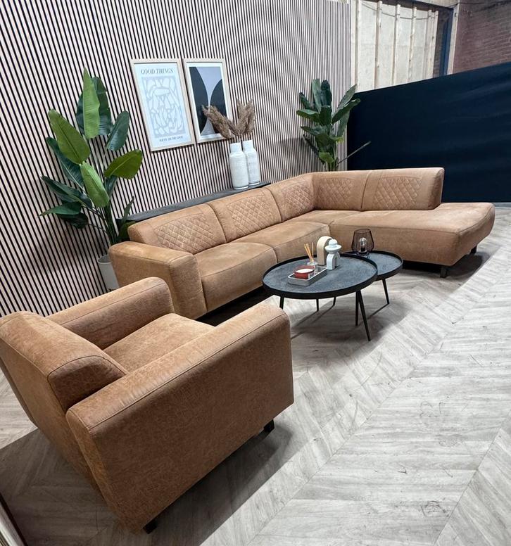 ZGAN Industriële Cognac Hoekbank met Stoel - 275 x 215, Huis en Inrichting, Banken | Bankstellen, Zo goed als nieuw, Hoekbank