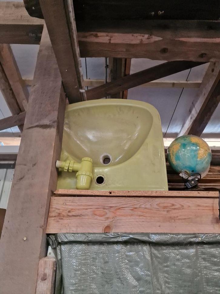Vintage groene wasbak/kom + sifon, Huis en Inrichting, Badkamer | Badkamermeubels, Zo goed als nieuw, Wasbak of Wastafel, Minder dan 100 cm