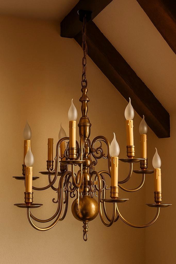 Vintage antiek Messing Kroonluchter - 12 Armen, Huis en Inrichting, Lampen | Kroonluchters, Gebruikt, Metaal, Ophalen