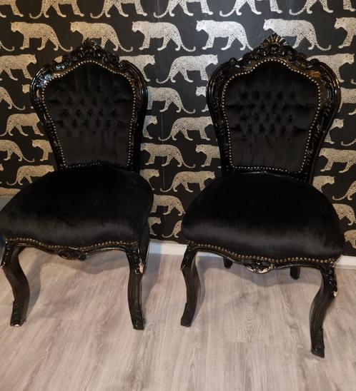 2 zwarte barok stoelen, Huis en Inrichting, Stoelen, Gebruikt, Twee, Hout, Stof, Zwart, Ophalen
