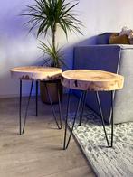 2x Boomstam Bijzettafels/Nachtkastjes - Hout & Metaal, Huis en Inrichting, Tafels | Bijzettafels, Minder dan 55 cm, Gebruikt, Overige vormen