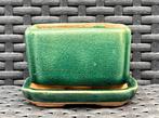 Bonsai pot + onderzetter groen geglazuurd 8,4x6,8x5,1, Ophalen of Verzenden, Zo goed als nieuw, Aardewerk, Rechthoekig