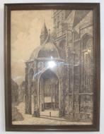 Ingelijste pentekening zuidportaal Stevenskerk Nijmegen, Antiek en Kunst, Ophalen of Verzenden