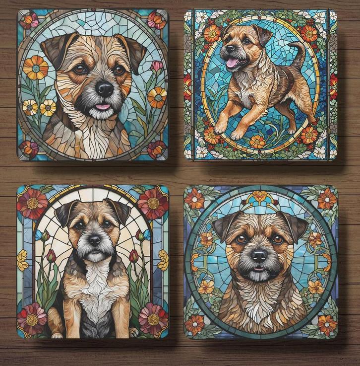 Border Terriër Glas in lood onderzetters met houder, Huis en Inrichting, Woonaccessoires | Onderzetters, Nieuw, Glas of Kopje
