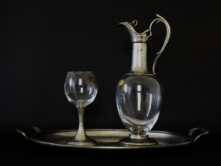 Tinnen Coen Kurz dienblad kristallen karaf glas tinbeslag, Antiek en Kunst, Antiek | Tin, Ophalen of Verzenden