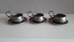 3 tinnen schotels met 3 kopjes of glazen houders, Antiek en Kunst, Antiek | Tin, Ophalen of Verzenden