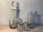 Glazen karaf met potje en waxinelichthouders geslepen glas, Antiek en Kunst, Ophalen of Verzenden