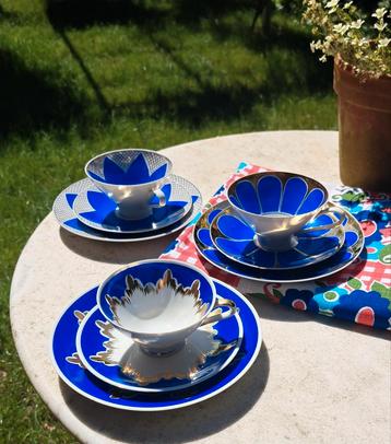 Vintage 3 delig ontbijtservies porselein blauw goud thee beschikbaar voor biedingen