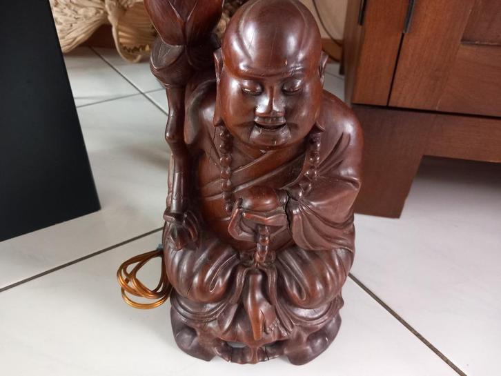 Houten Boeddha/Buddha lamp, Huis en Inrichting, Lampen | Tafellampen, Gebruikt, Minder dan 50 cm, Hout, Ophalen of Verzenden