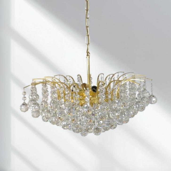 Palwa kristal kroonluchter hollywood 70's messing kristal, Huis en Inrichting, Lampen | Kroonluchters, Gebruikt, Glas, Metaal