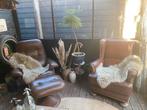 // BRUIN LEREN RELAX FAUTEUIL MET VOETENBANK STOEL, Huis en Inrichting, Fauteuils, Ophalen of Verzenden, Zo goed als nieuw, 50 tot 75 cm