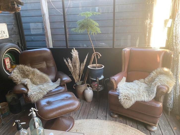 // BRUIN LEREN RELAX FAUTEUIL MET VOETENBANK STOEL, Huis en Inrichting, Fauteuils, Zo goed als nieuw, Leer, 50 tot 75 cm, 75 tot 100 cm