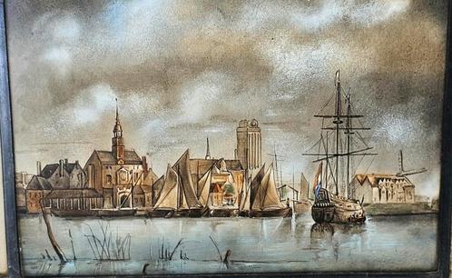 Hollands Stad gezicht Geschilderd op glas, Antiek en Kunst, Kunst | Schilderijen | Klassiek, Ophalen of Verzenden