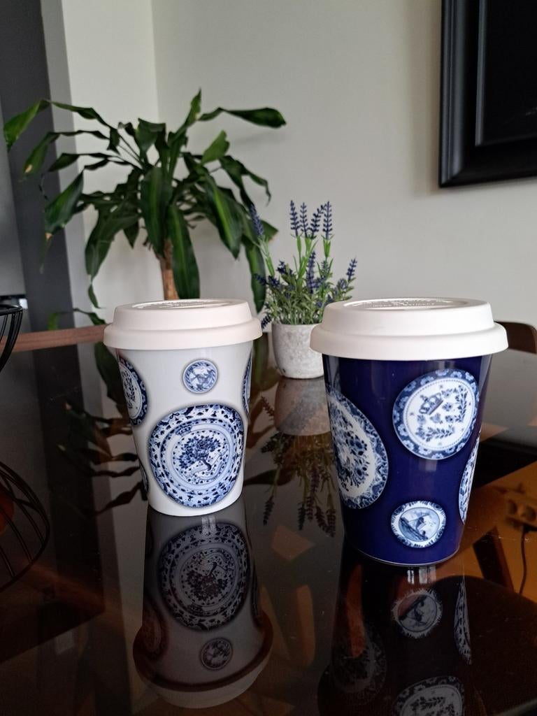 Delfts Blauwe Koffiebekers met Deksel - Set van 2, Ophalen of Verzenden, Gebruikt