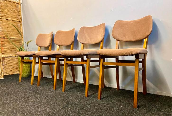 Vintage design stoelen Deens retro teak jaren 60/70 chairs, Huis en Inrichting, Stoelen, Gebruikt, Vier, Hout, Stof, Bruin, Ophalen
