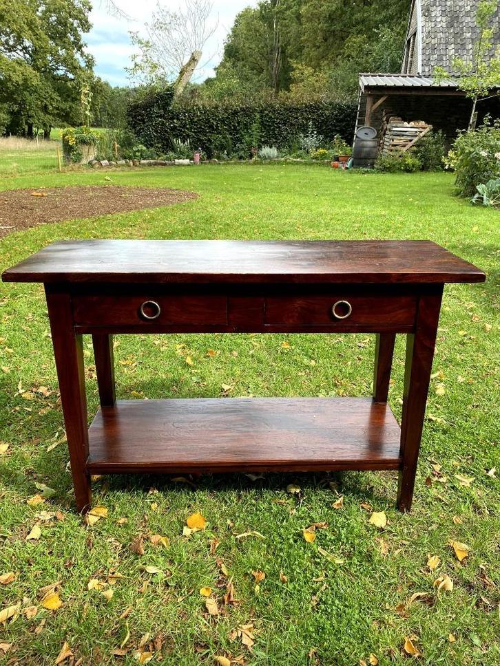 Koloniaal teakhouten sidetabel, wandtafel, console, Huis en Inrichting, Tafels | Sidetables, Zo goed als nieuw, 25 tot 50 cm, 100 tot 150 cm
