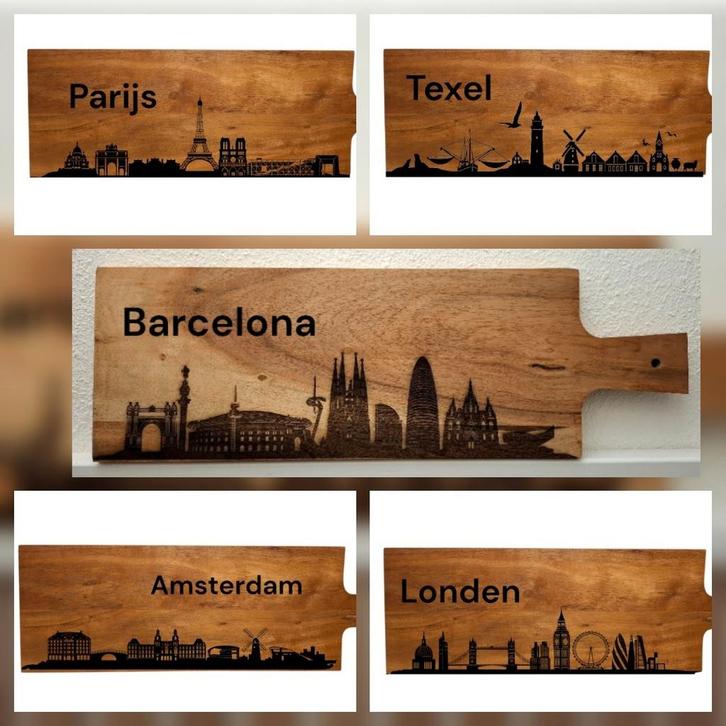 Serveerplank met skyline naar keuze, Huis en Inrichting, Woonaccessoires | Dienbladen, Nieuw, Hout, Ophalen of Verzenden