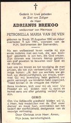Brekoo Adrianus 1882 Breda 1951, Verzamelen, Bidprentjes en Rouwkaarten, Ophalen of Verzenden