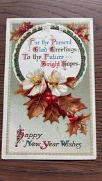 Nieuwjaar wens.hulst,besjes,bloem. Reliëfkaart, Ophalen of Verzenden, Voor 1920