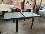 Solide design tafel (90x90 of 90x1.80), Huis en Inrichting, Tafels | Eettafels, Ophalen, Gebruikt, Vintage, Glas