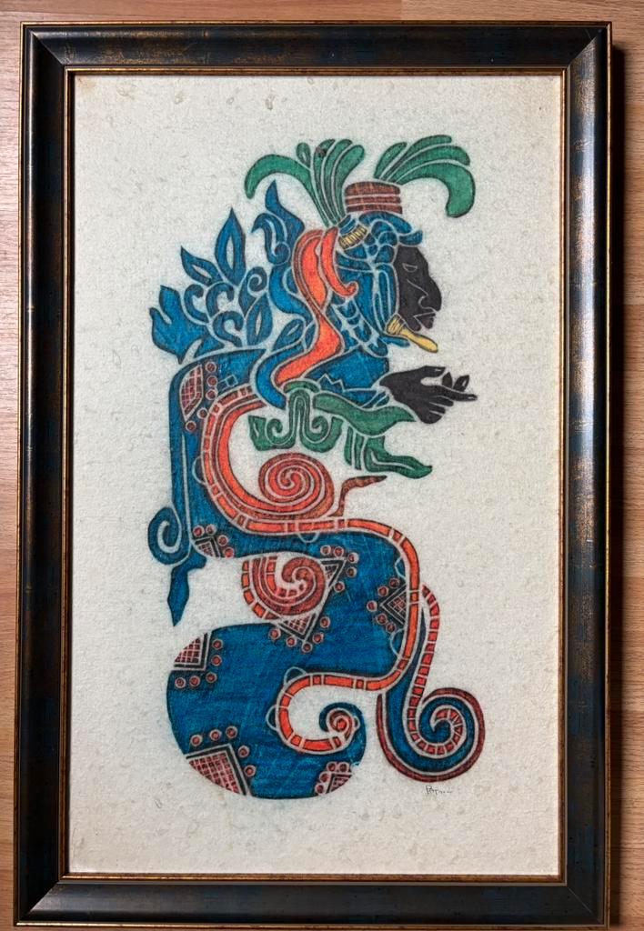 Originele inktafdruk van afbeelding in Maya-tempel - Patric, Antiek en Kunst, Antiek | Wandborden en Tegels, Ophalen of Verzenden
