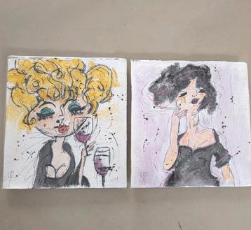 2 originele en gesigneerde schilderijen - 2 vrouwen beschikbaar voor biedingen