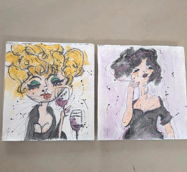 2 originele en gesigneerde schilderijen - 2 vrouwen, Antiek en Kunst, Kunst | Schilderijen | Modern, Ophalen of Verzenden