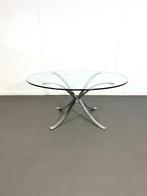 Space-age ronde salontafel van glas en chrome staal,ca 1970, Ophalen, Gebruikt, 50 tot 100 cm, Rond