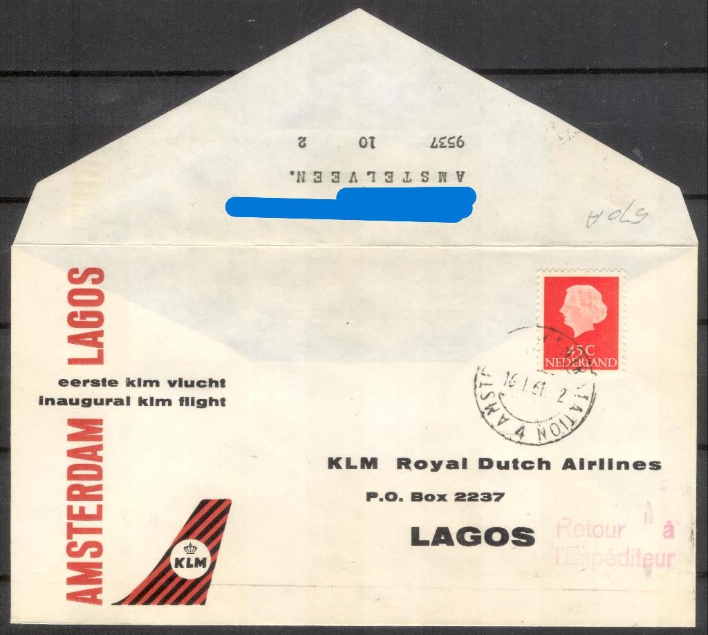1e KLM vlucht Lagos 1961, Postzegels en Munten, Brieven en Enveloppen | Nederland, Verzenden, Envelop
