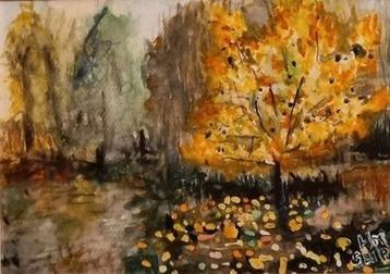 Aquarel Herfstlandschap in Lijst beschikbaar voor biedingen