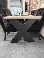 Steigerhouten tafel met 6 velvet stoelen, Gebruikt, 100 tot 150 cm, Ophalen of Verzenden, Landelijk