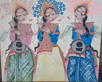 Indonesische muzikanten.  Sign.  Acryl/doek.  115/96 cm.  beschikbaar voor biedingen